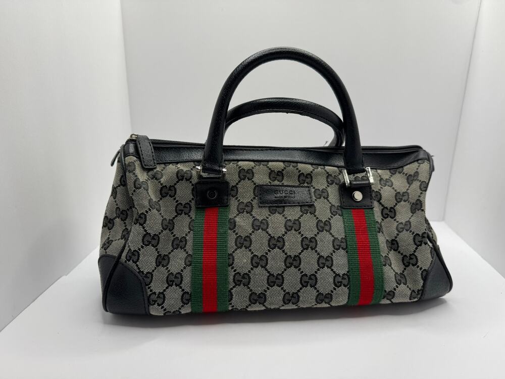 Gucci Vintage Web Original GG Monogram Canvas Boston Bag Black Leather